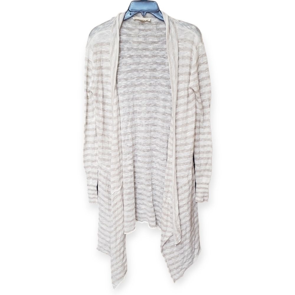 Striped Cardigan Knit Sweater Lightweight Long Sleeve White Cream Size Medium